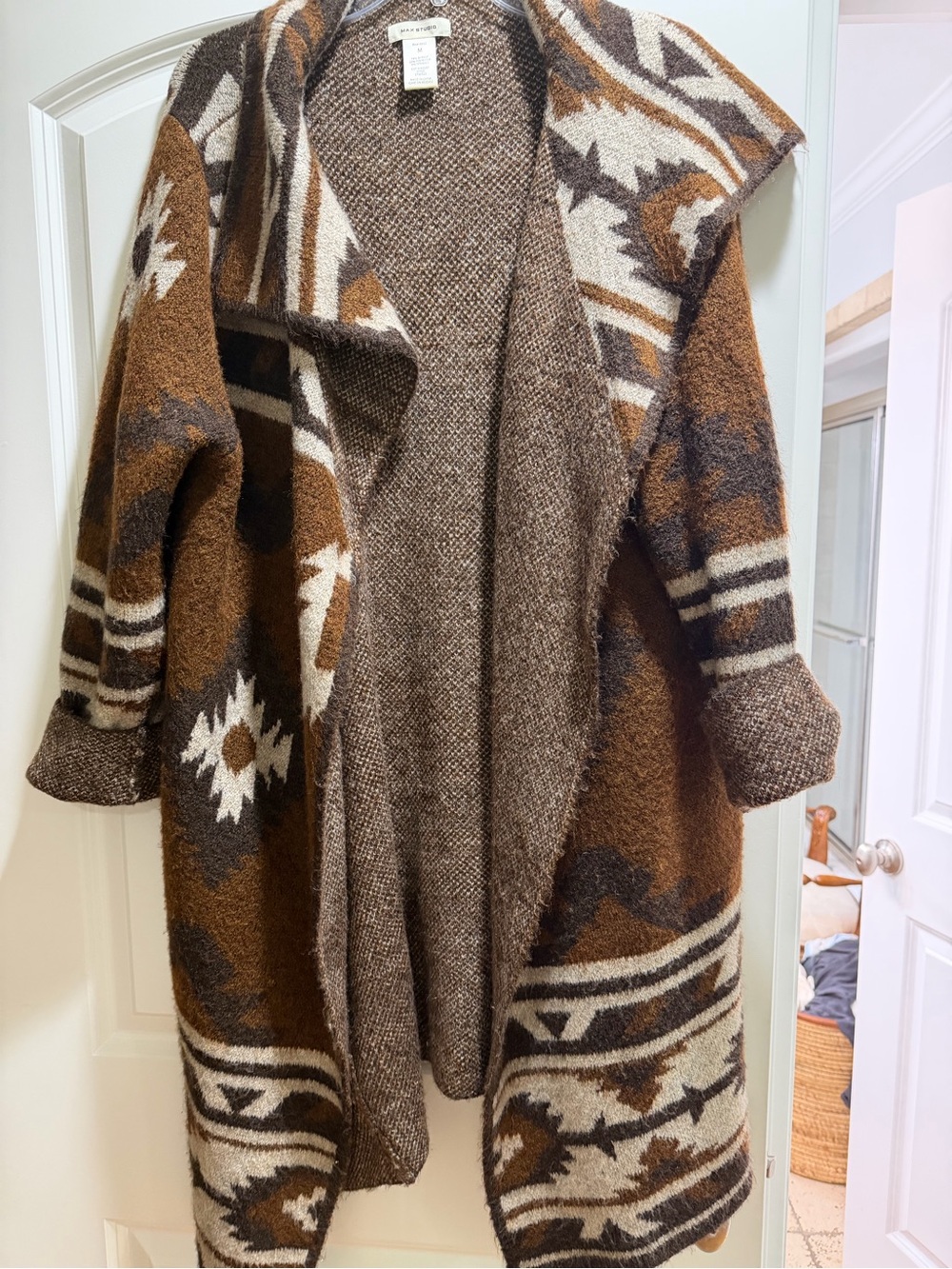 Max Studio Brown Cream and Black Aztec Knit Cardigan